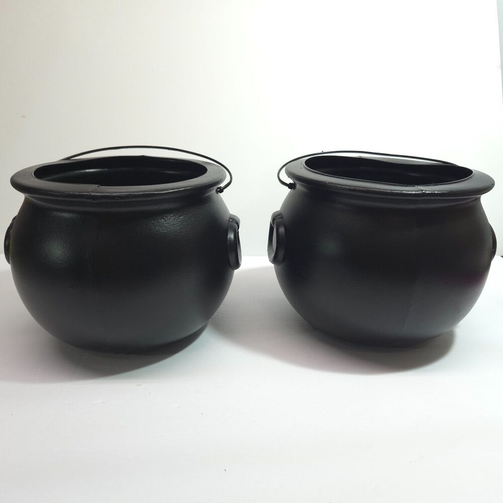 Black Plastic Halloween Witch Cauldron Trick or Treat Kettle Buckets Set of 2